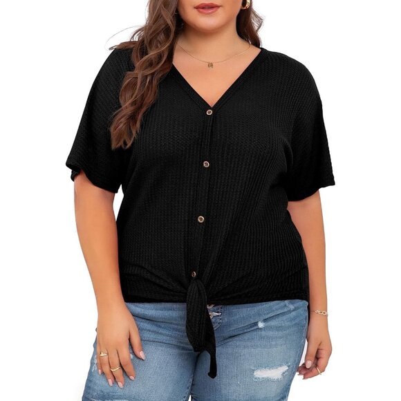 Plus Size Womens V Neck Waffle Knit Top Short Sleeve Button Front Tunic - Picture 5 of 6